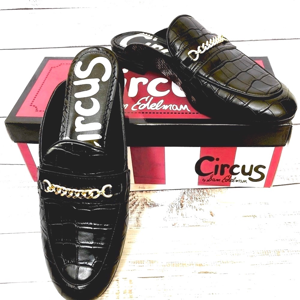 Sam Edelman Heath CIRCUS Croc Mules Black flats with original box. Like new!